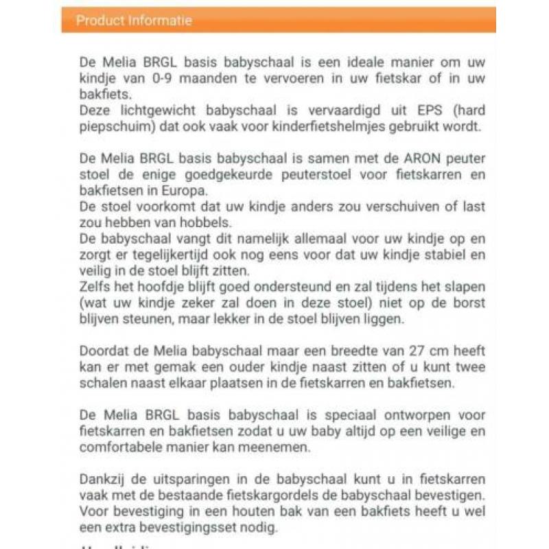 Melia babyschaal (0-9 mnd) fietskar of bakfiets, zgan!