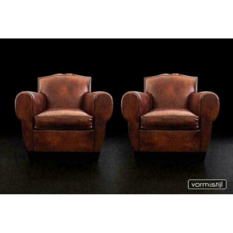 Handgepatineerde Art Deco Fauteuil(s):superdik schapenleer