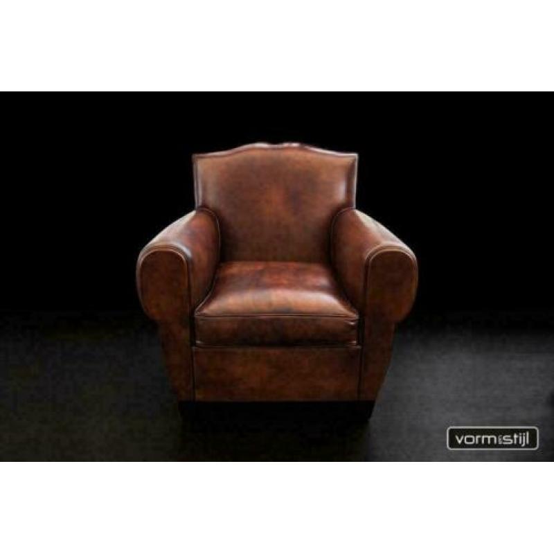 Handgepatineerde Art Deco Fauteuil(s):superdik schapenleer