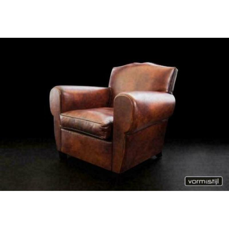 Handgepatineerde Art Deco Fauteuil(s):superdik schapenleer