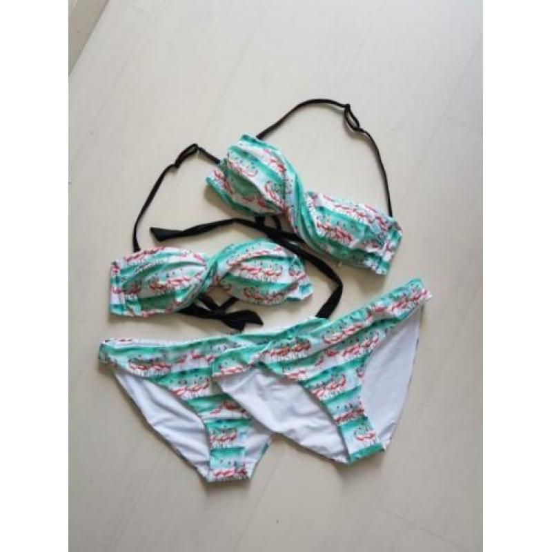 2x bandeau roze groen/blauw wit zwart Flamingo bikini M L XL