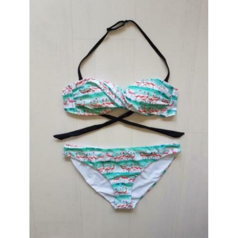 2x bandeau roze groen/blauw wit zwart Flamingo bikini M L XL