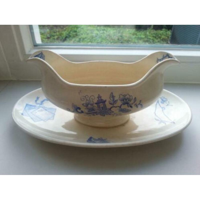 Saucière ~ sauskom ~ juskom ~ ecru-blauw gemerkt ~ brocante