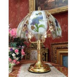 Art deco tafellamp goud,3 kaarsen lamp, bloemen lampenkap