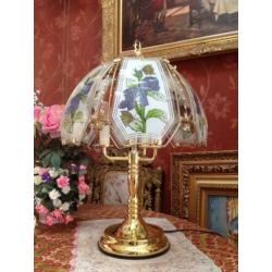 Art deco tafellamp goud,3 kaarsen lamp, bloemen lampenkap