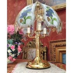 Art deco tafellamp goud,3 kaarsen lamp, bloemen lampenkap