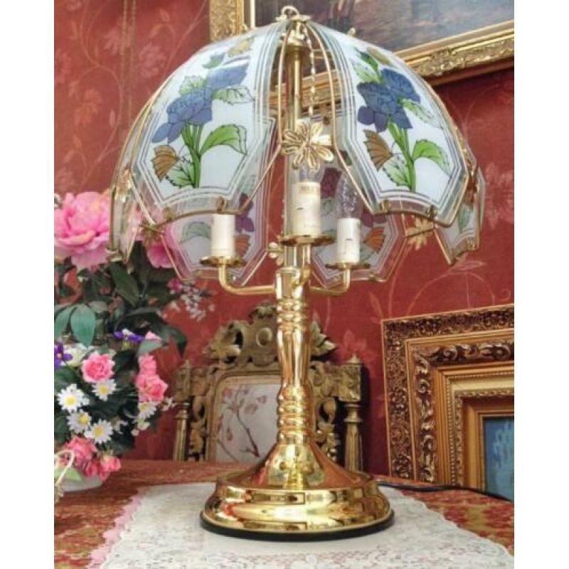 Art deco tafellamp goud,3 kaarsen lamp, bloemen lampenkap