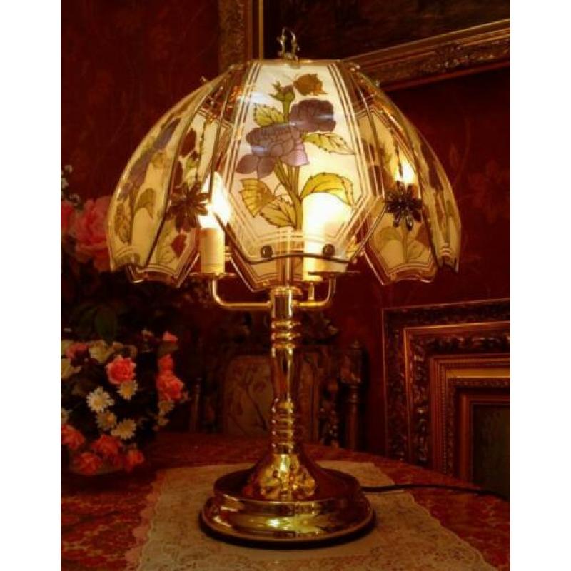 Art deco tafellamp goud,3 kaarsen lamp, bloemen lampenkap