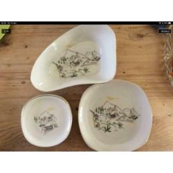 Jaren 50/60 schalenset met vintage afbeedling