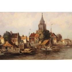 doek, 39 x 78, gezicht op haven met dorp, gesigneerd