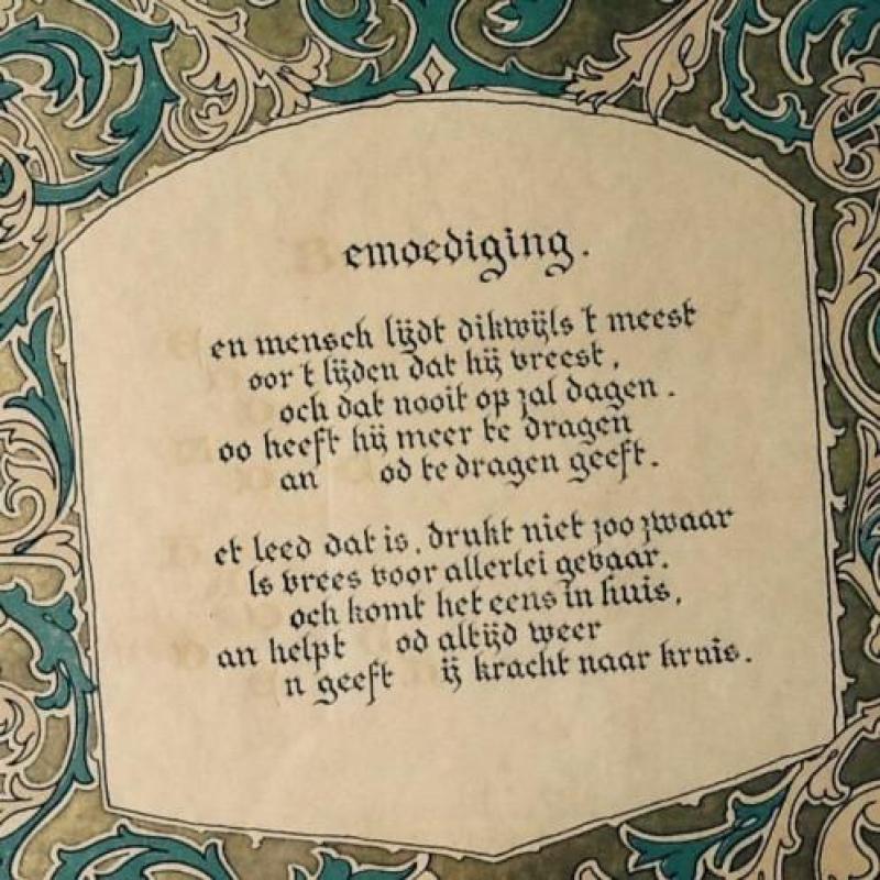 Antiek schilderijtje met gedicht (druk met goud en blauw)