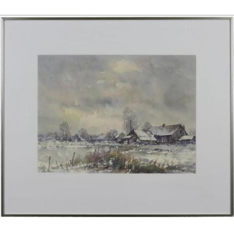 Aquarel boerderij winter - Frans Manders