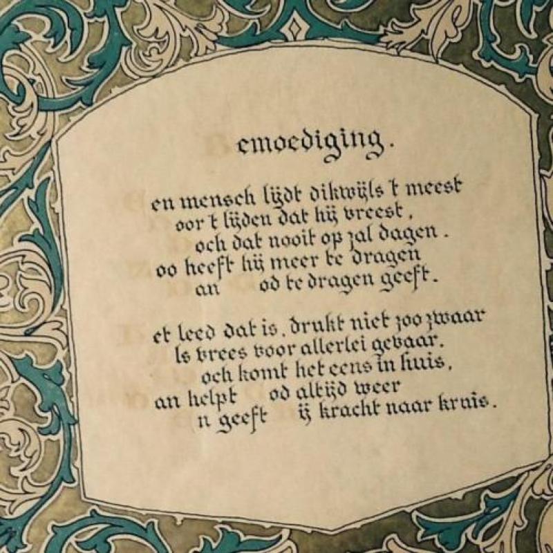 Antiek schilderijtje met gedicht (druk met goud en blauw)