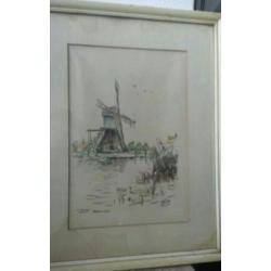 tek.aquarelverf Wim Jansen (1923 - 1992) molen Hardinxveld