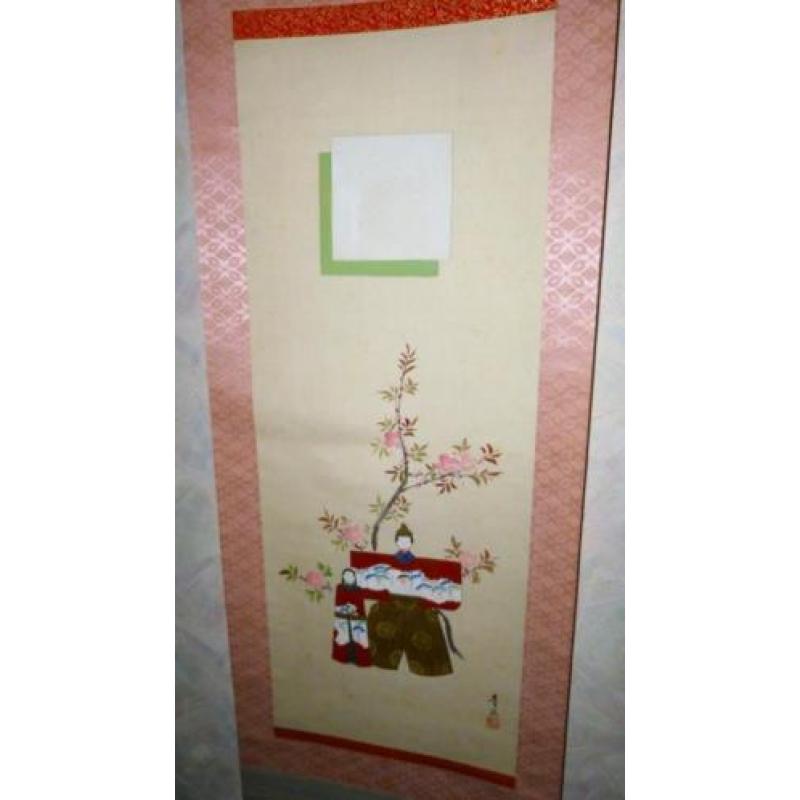 Hina dolls & Sakura op scroll, handgeschilderd, 1960's