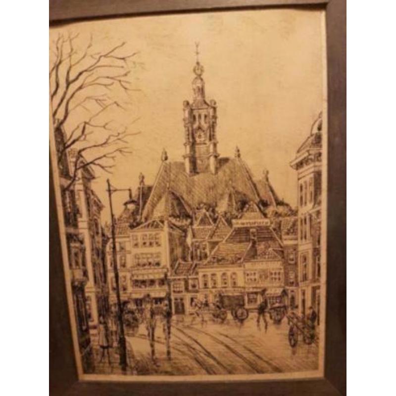 Tekening verdwenen Den Haag vanaf het Spui.