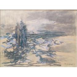 Eleanore Lazarof, figures on the beach, pastel,