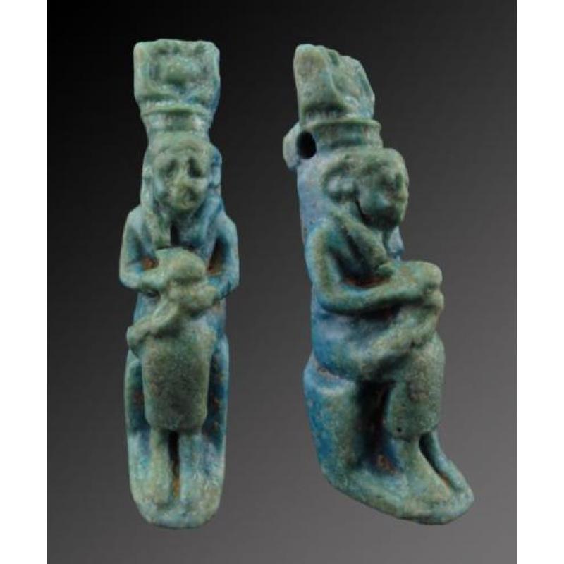 Egyptian faience amulet of Isis with Horus in her lap