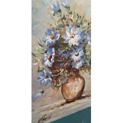 Oud Schilderij ,olieverf op paneel,bloemen ,blauw,gesigneer