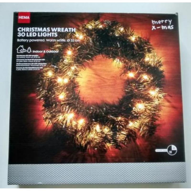 Kerstkrans met 30 led lampjes ( Nieuw in doos )